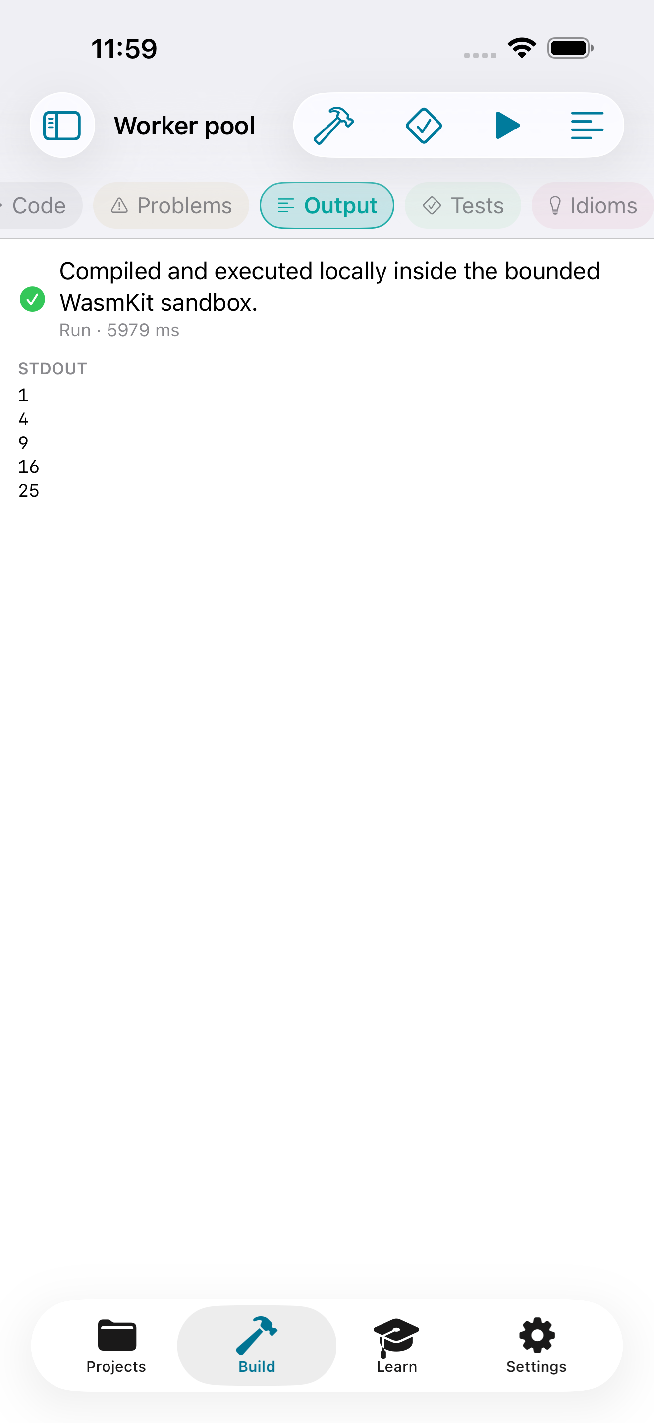 iOS Simulator screenshot of GopherForge on iPhone showing the Worker pool project with the Output tab open and printed stdout values