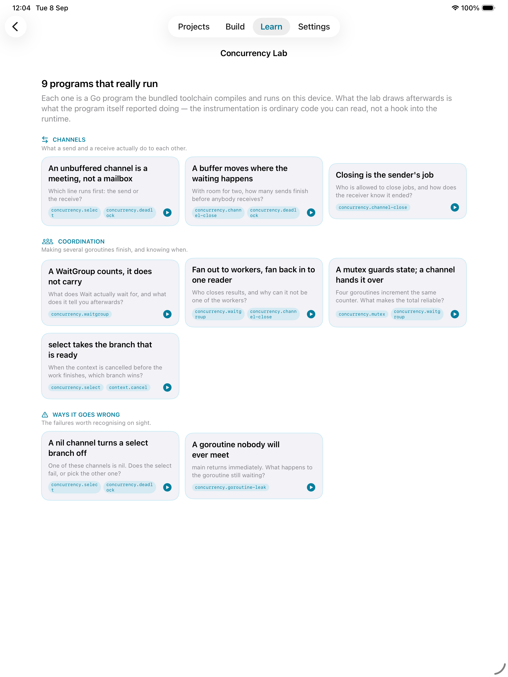iOS Simulator screenshot of the GopherForge Concurrency Lab showing an instrumented goroutine timeline for a scenario