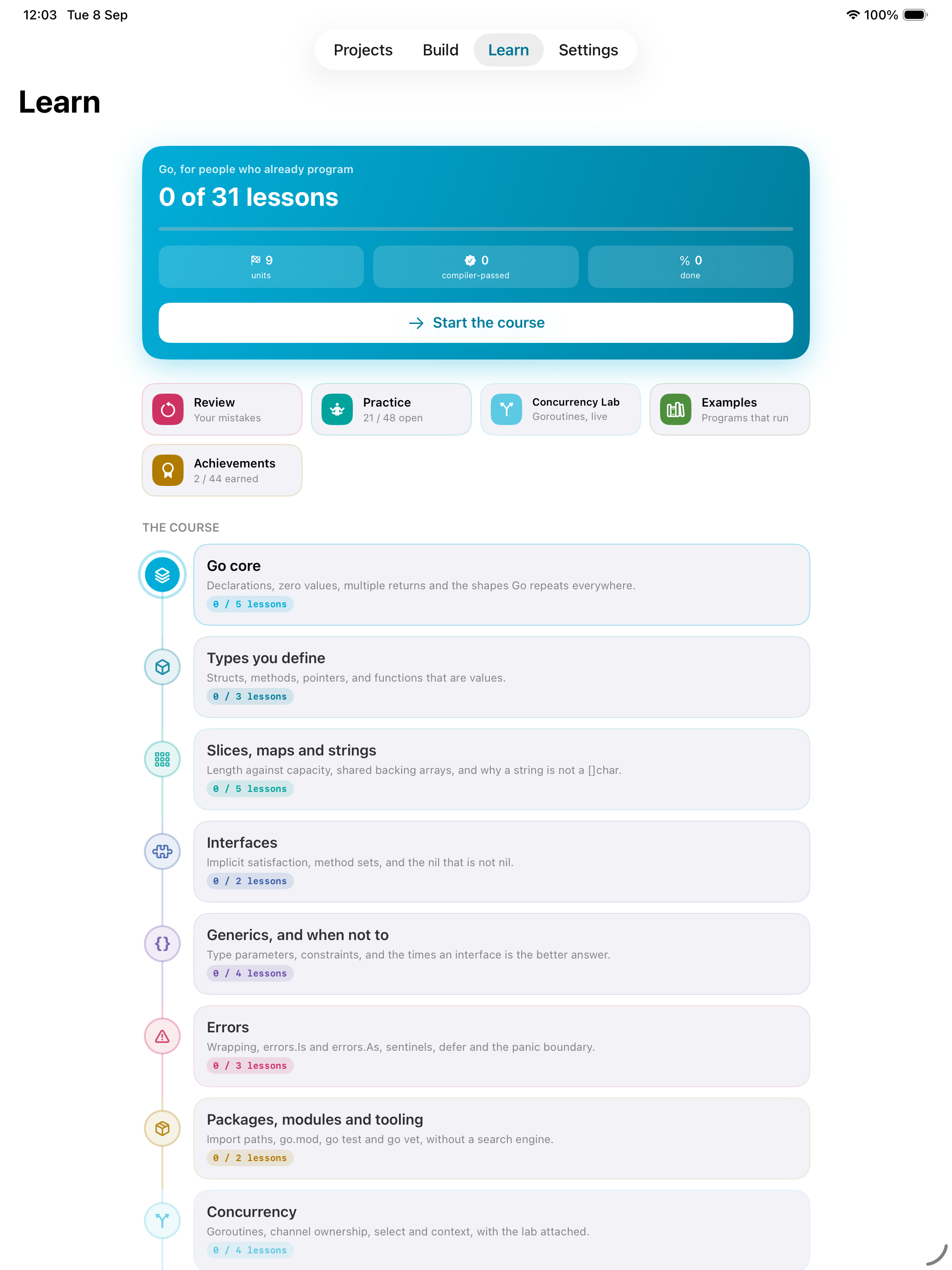 iOS Simulator screenshot of the GopherForge Learn tab showing 0 of 31 lessons across 9 units and the course unit list
