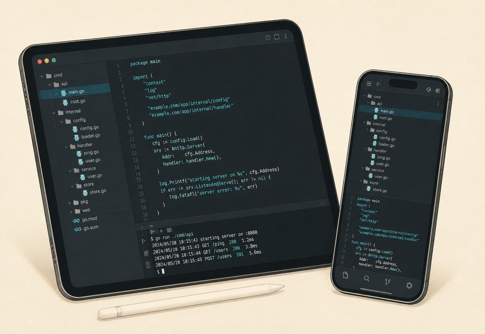 Stylised illustration of a Go workspace on an iPad and iPhone, with a package tree, editor and console panel