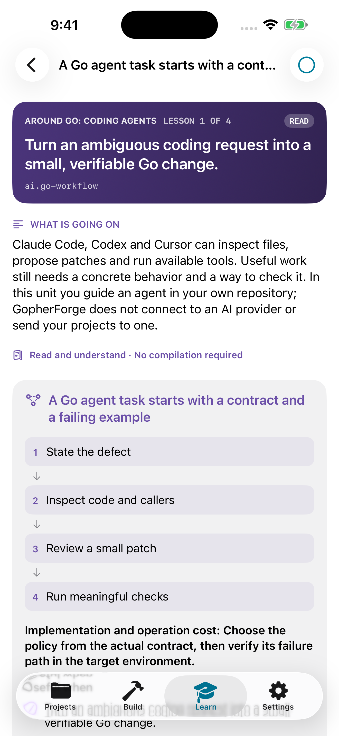 Native coding-agent lesson with a four-step workflow and practical Go guidance