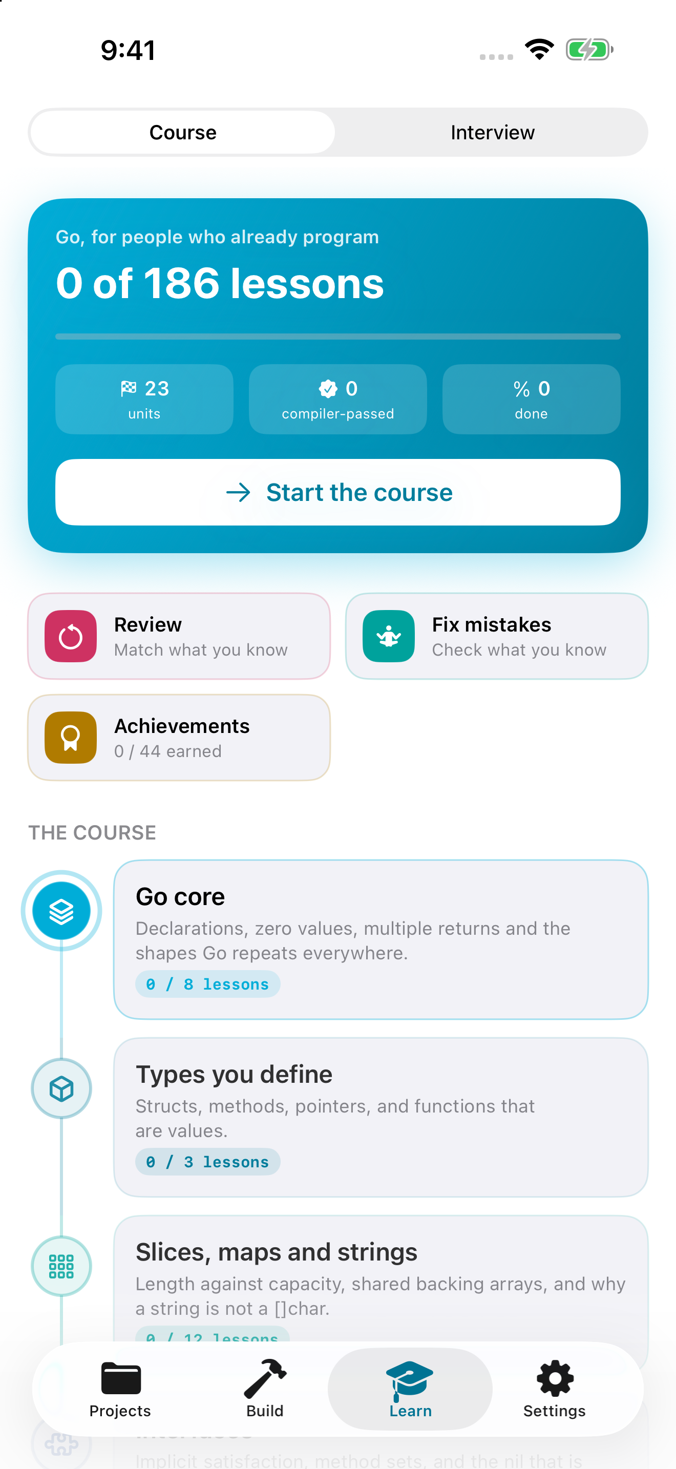 Native GopherForge 1.2.0 course showing 186 lessons and 23 units