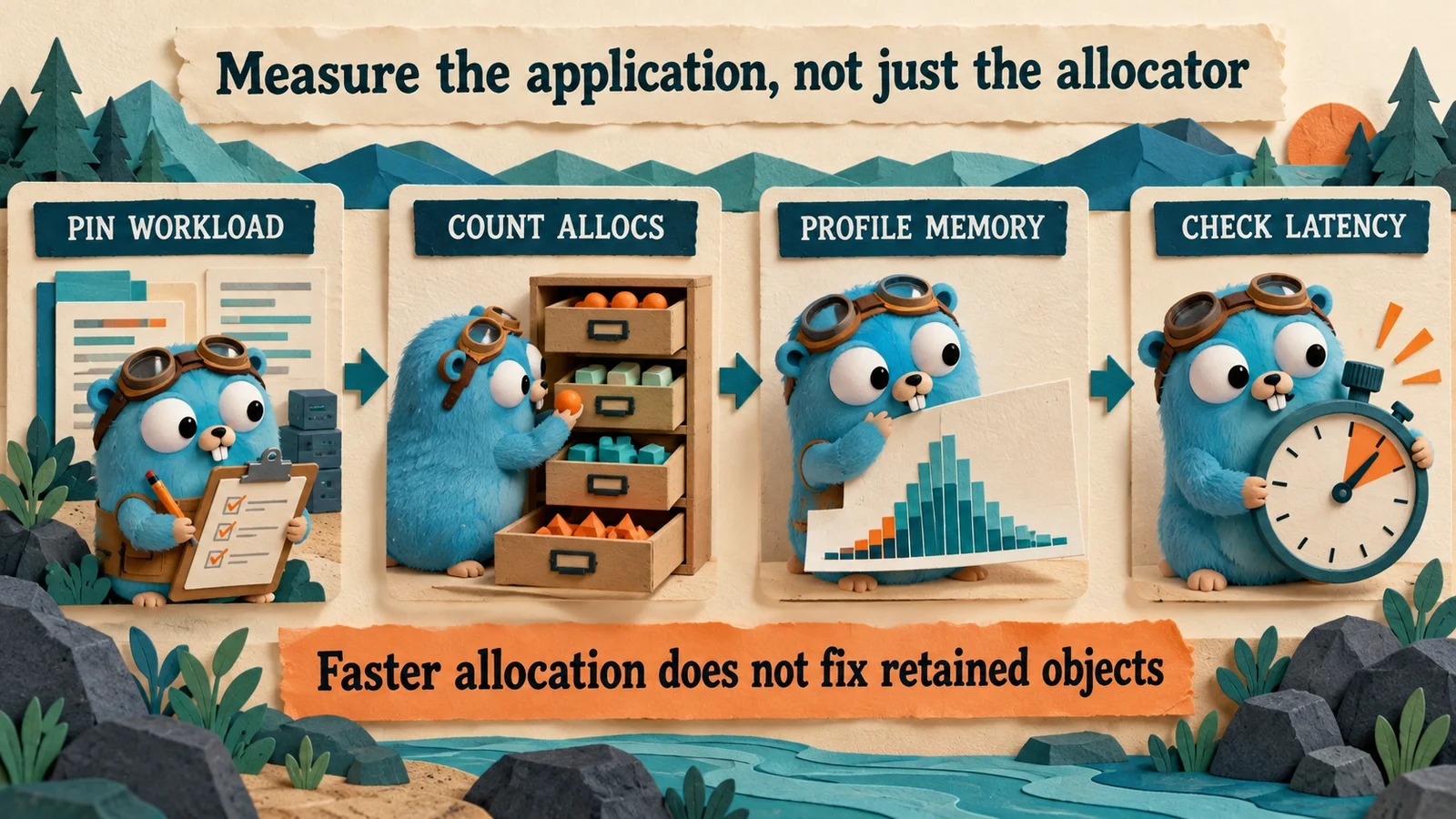 Pin workload → Count allocations → Profile memory → Check latency. Faster allocation does not fix retained objects.