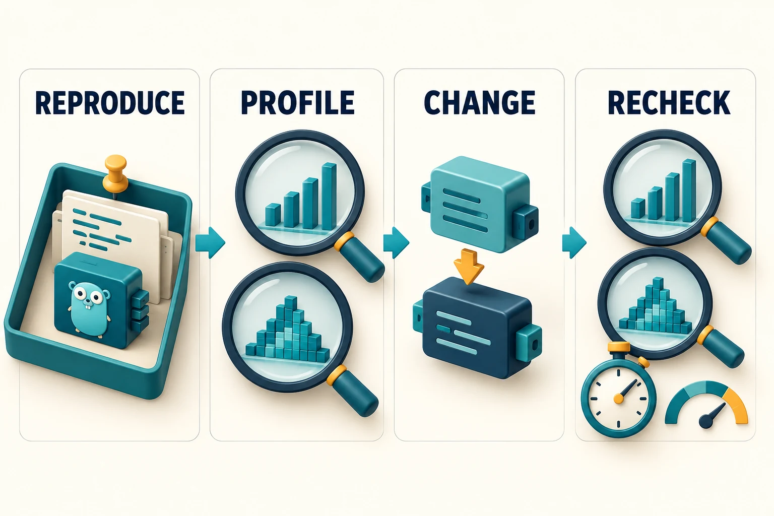Performance investigation workflow: reproduce, profile, change one implementation, then recheck behavior and resources.