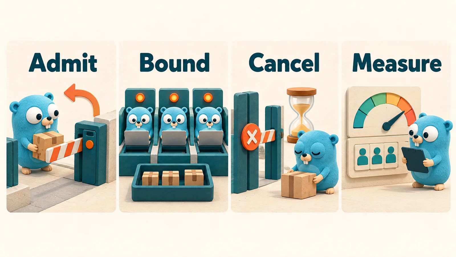 Admit → Bound → Cancel → Measure. Make capacity explicit, keep waiting finite, propagate cancellation, and measure useful completions alongside rejections.