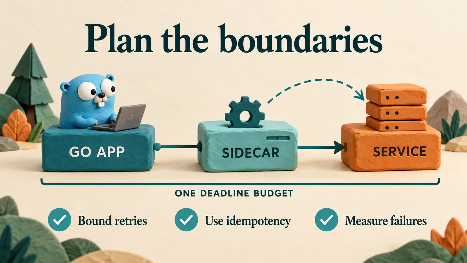 Go app → Sidecar → Service. Share one deadline budget, bound retries, use idempotency and measure failures.