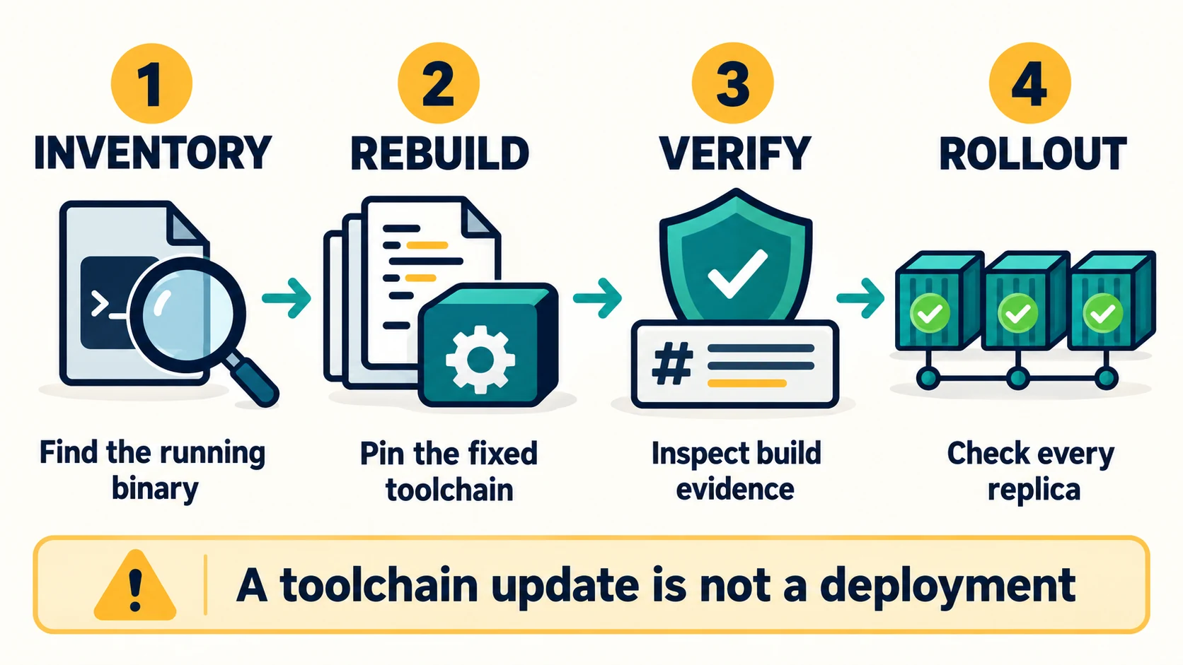 Inventory → Rebuild → Verify → Rollout. Find the actual executable, pin the fixed toolchain, inspect build evidence and check every replica. A toolchain update is not a deployment.