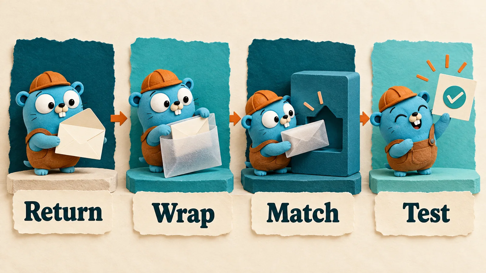 Return → Wrap → Match → Test. Return nil for success, preserve intended classification, and test pointer/value error forms.