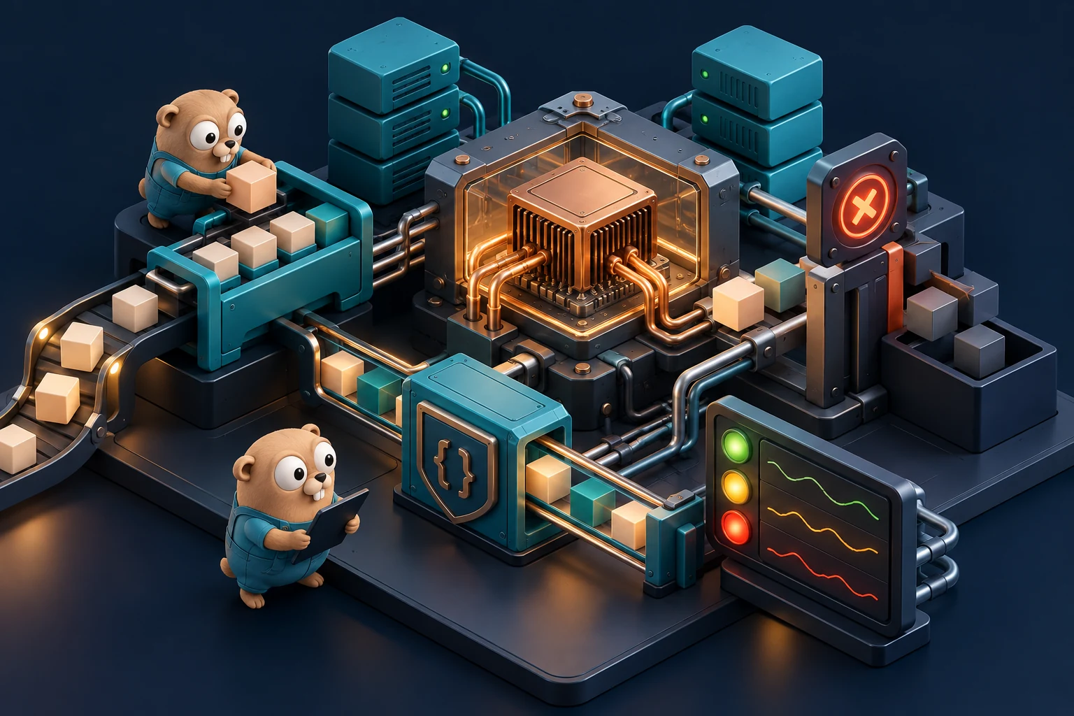 An AI component is surrounded by bounded service queues, cancellation and explicit application boundaries.