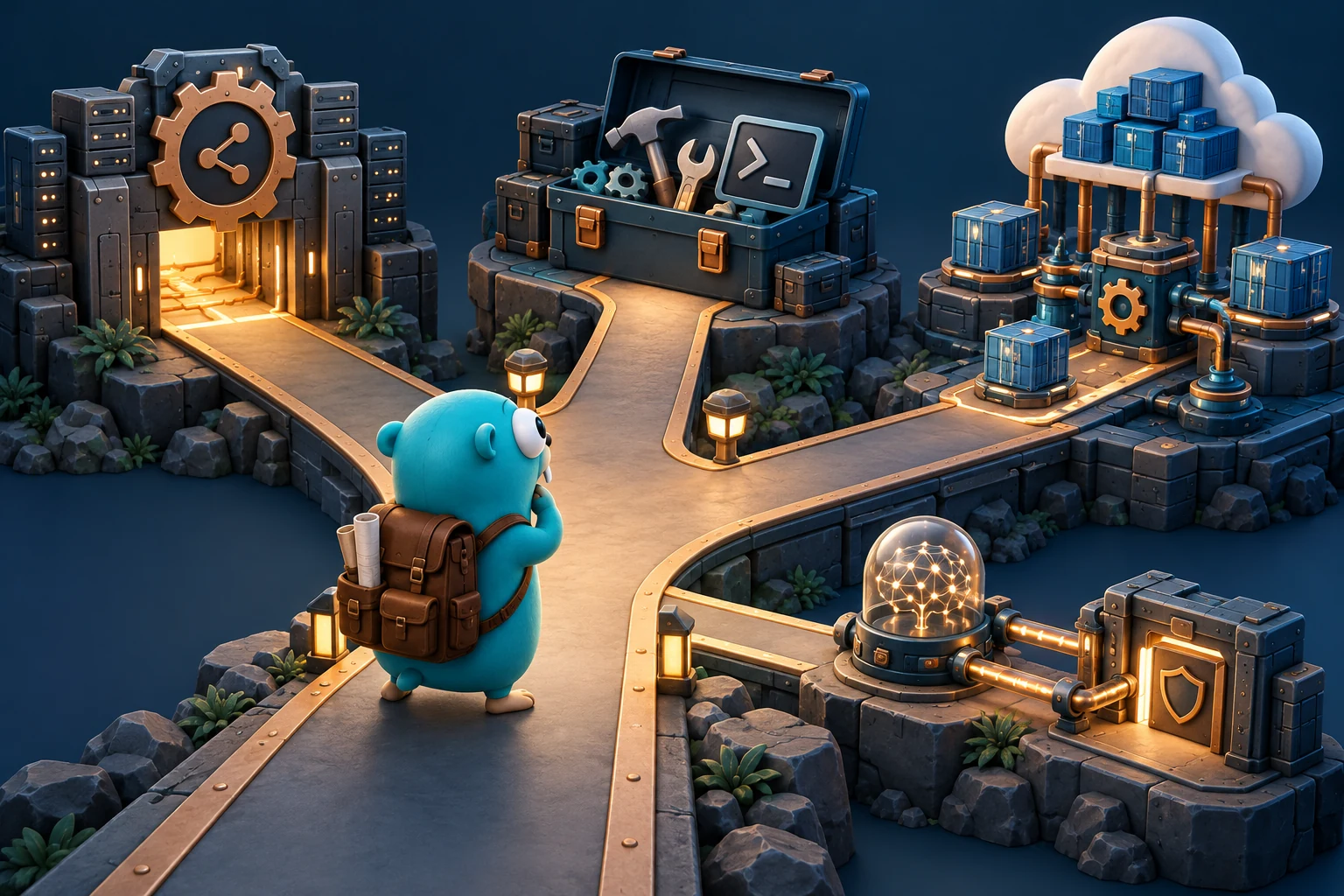 A gopher chooses among API services, command-line tools, cloud infrastructure and a smaller AI application path.