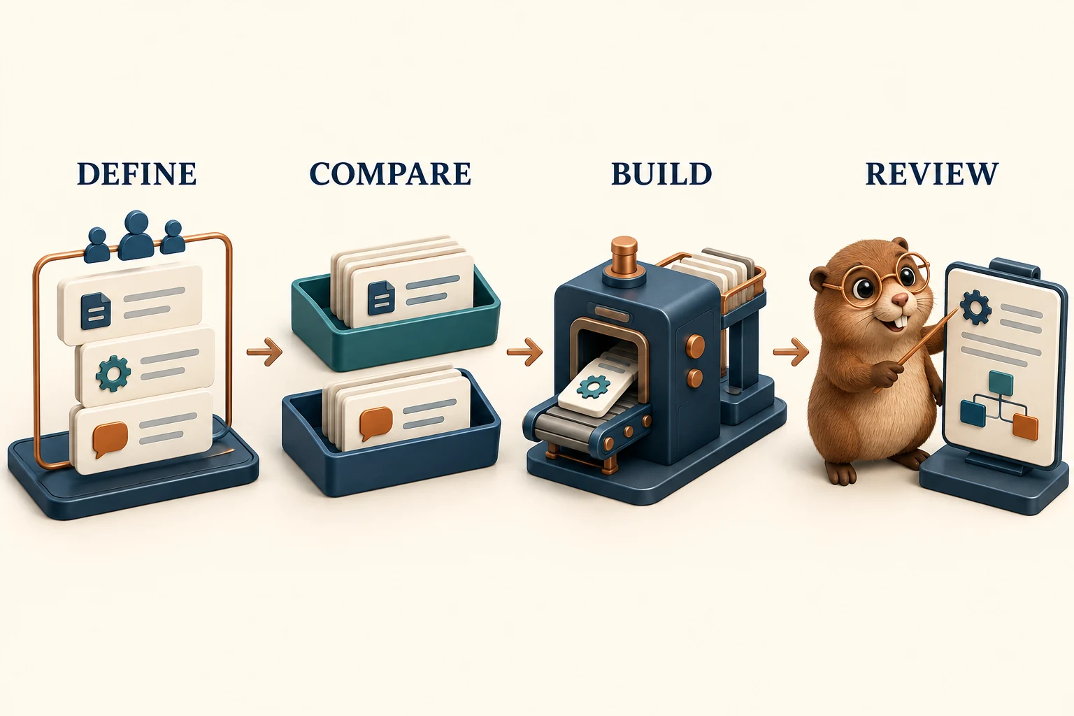 Define, compare, build and review: use clear cohorts, separate evidence sources and inspectable engineering work.