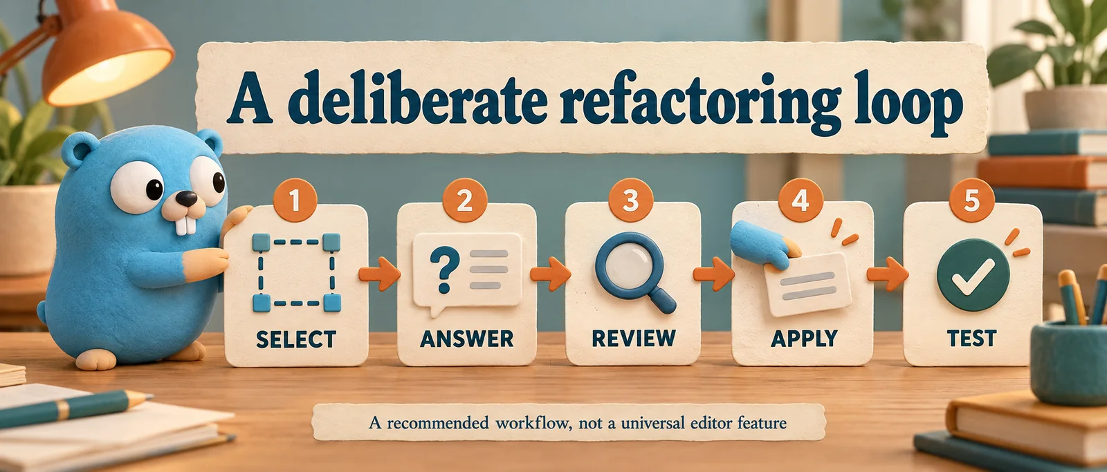 Select → Answer → Review → Apply → Test. A recommended workflow, not a universal editor feature.