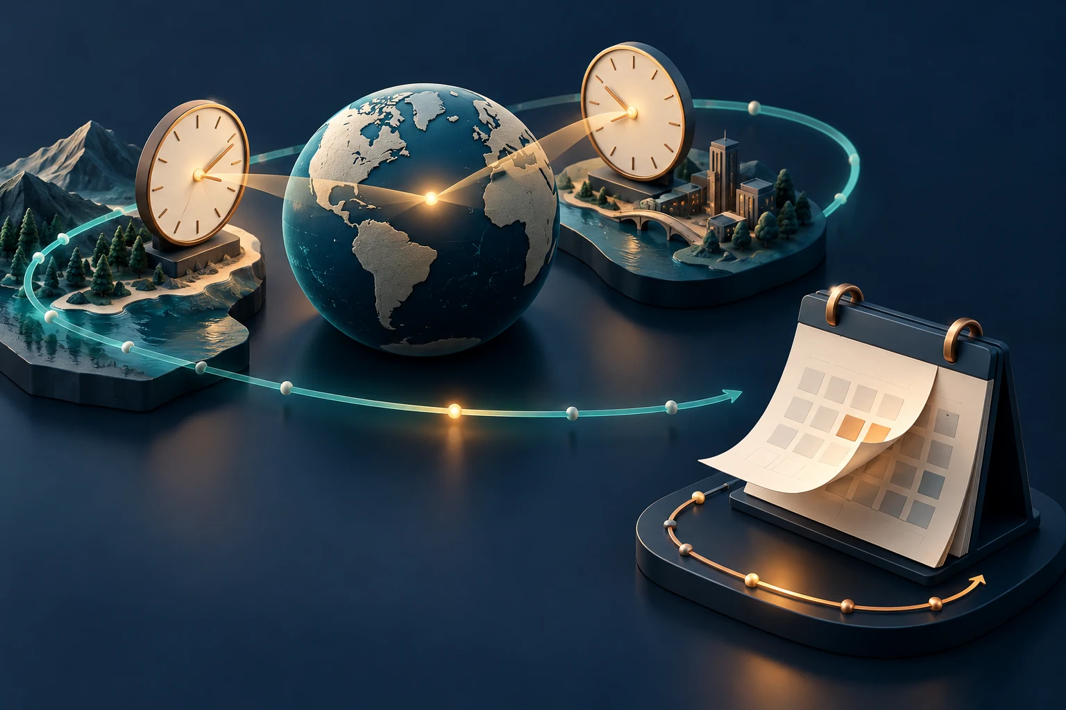 The same instant viewed through different local clocks, with a separate calendar representing civil dates.
