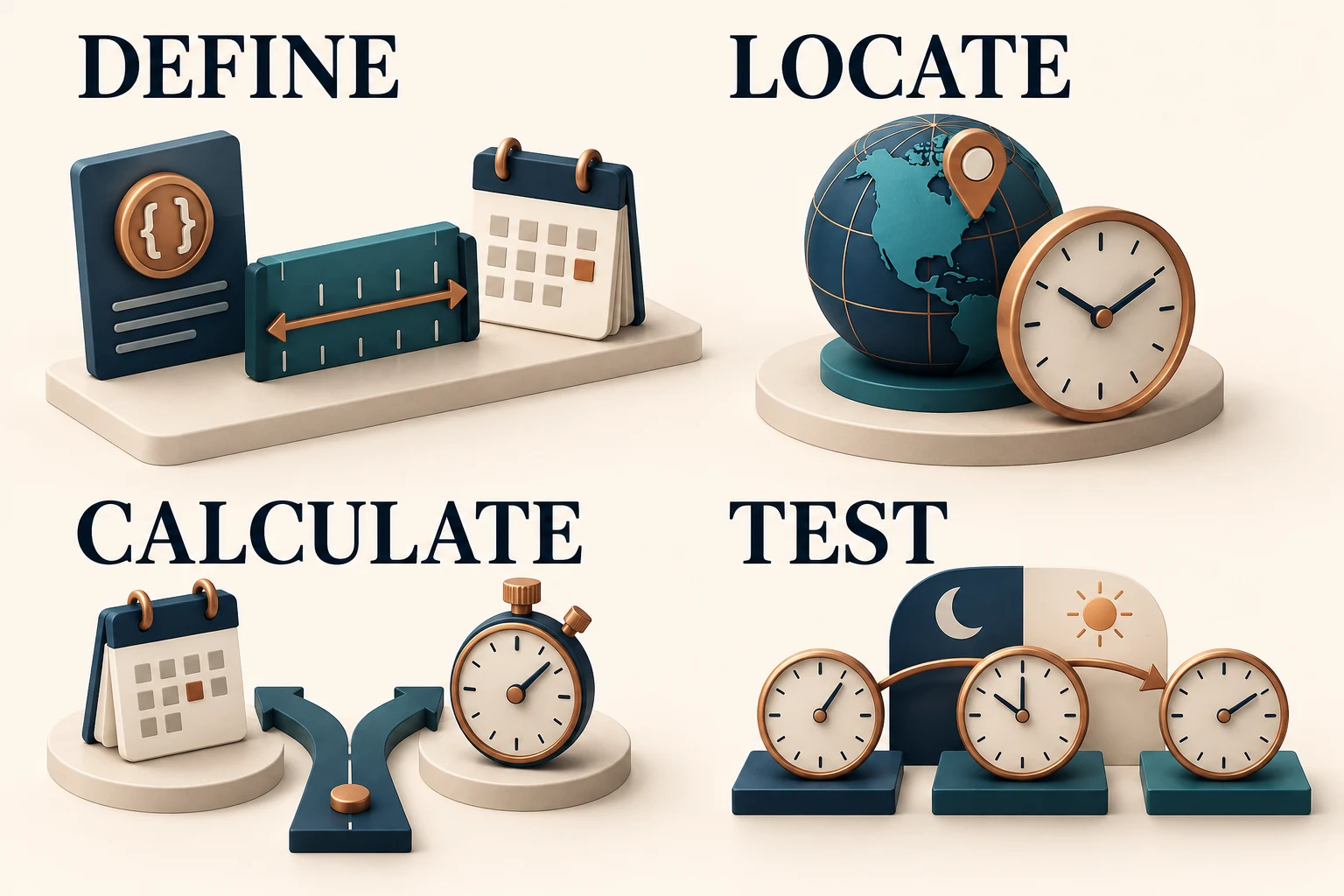 Define, locate, calculate and test: choose a time contract, location rules, arithmetic and fixed transition cases.