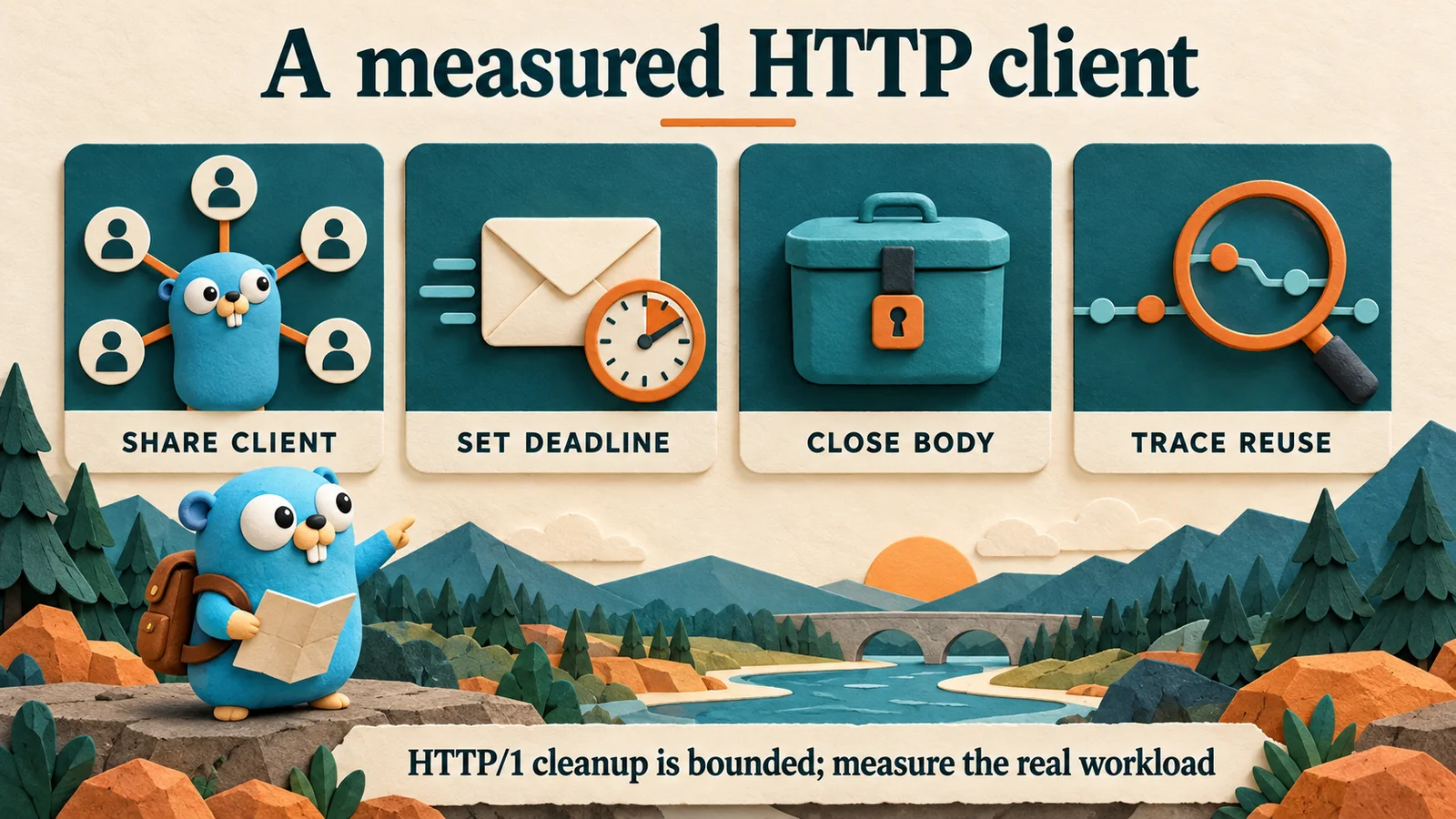 Share client → Set deadline → Close body → Trace reuse. HTTP/1 cleanup is bounded; measure the real workload.