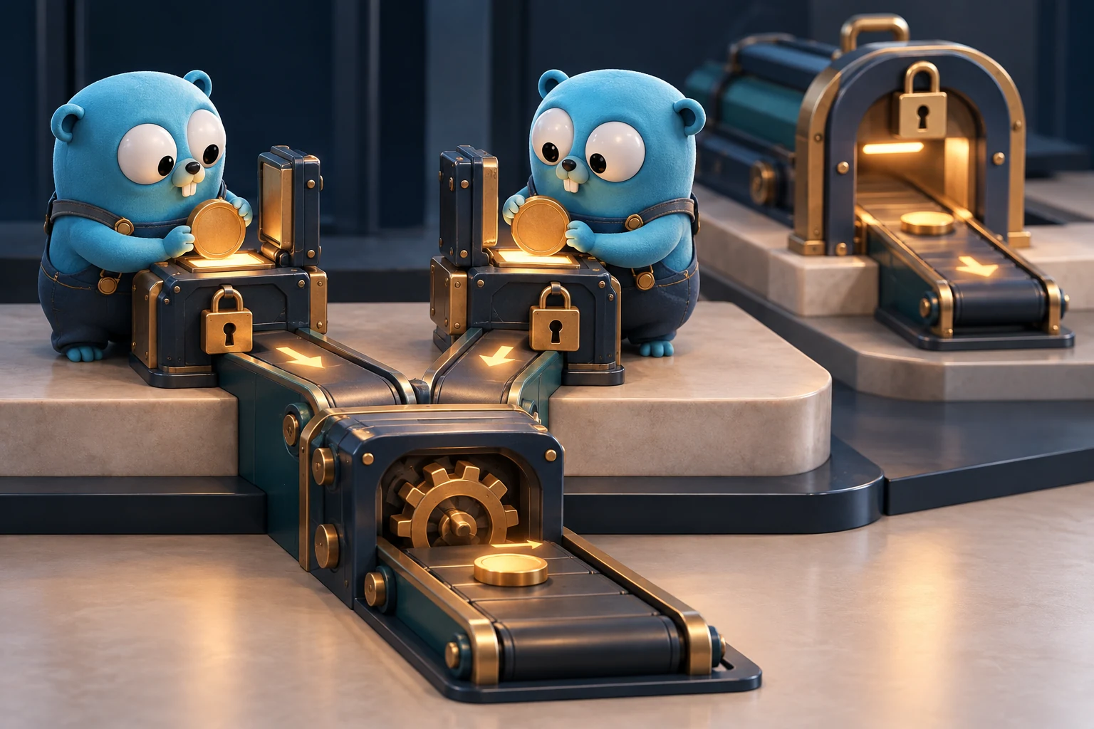 Two separately protected updates converge into one output, illustrating a lost update between synchronized operations.