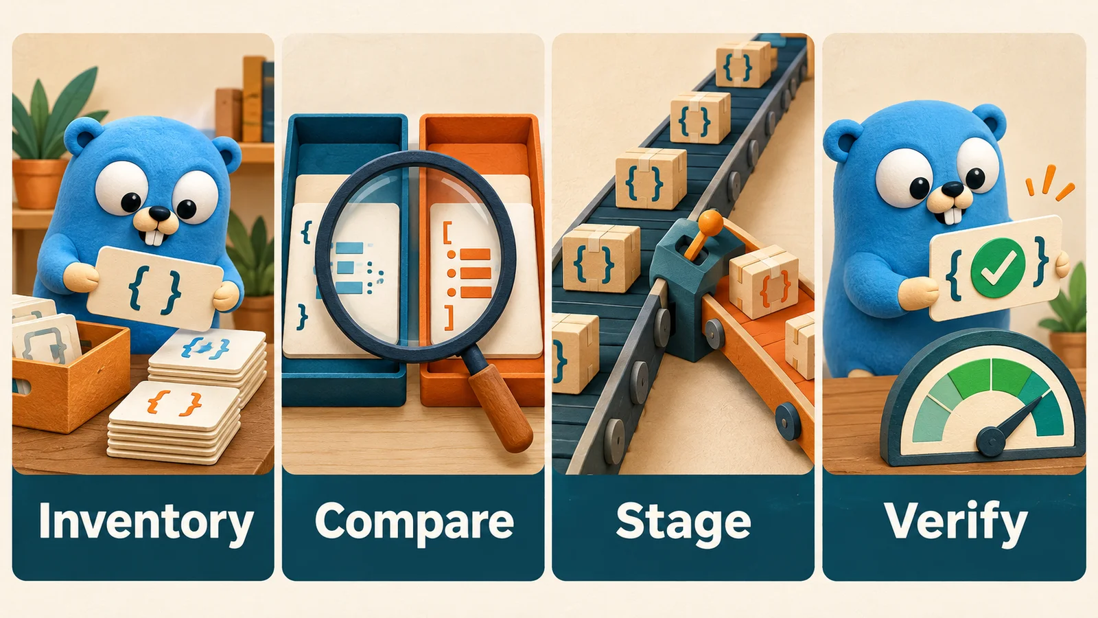 Inventory → Compare → Stage → Verify. Record the wire contract, test behavioral differences, roll out deliberately, and verify consumer compatibility.
