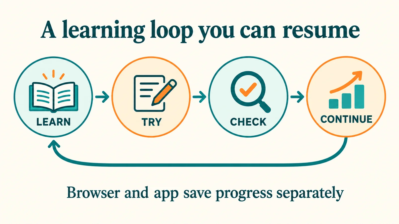 Learn → Try → Check → Continue. Browser and app save progress separately.