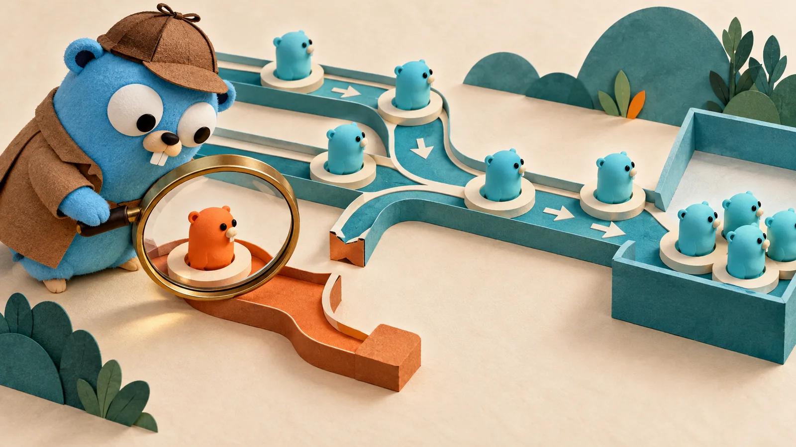 Conceptual illustration for Go 1.27 goroutine leak profiles: find the owner, repair the exit