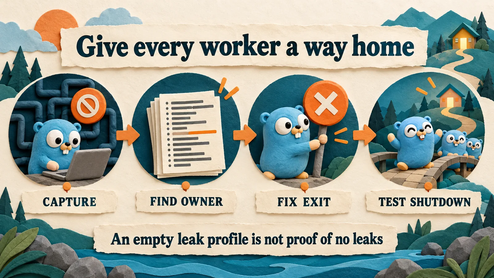 Capture → Find owner → Fix exit → Test shutdown. An empty leak profile is not proof of no leaks.