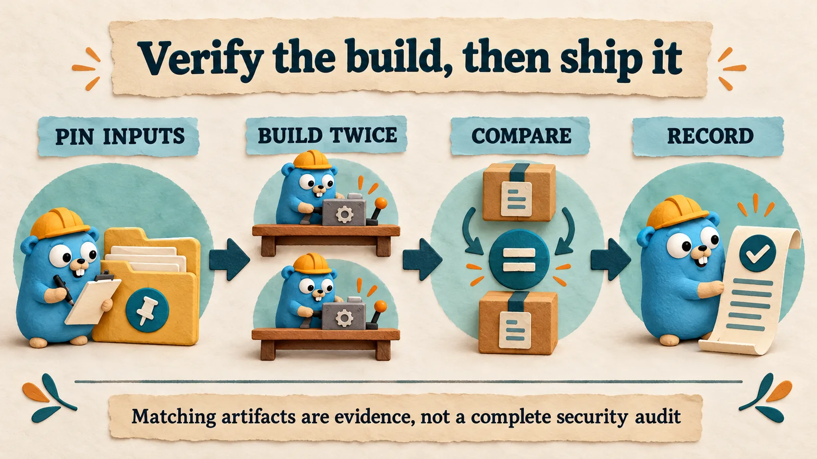 Pin inputs → Build twice → Compare → Record. Matching artifacts are evidence, not a complete security audit.
