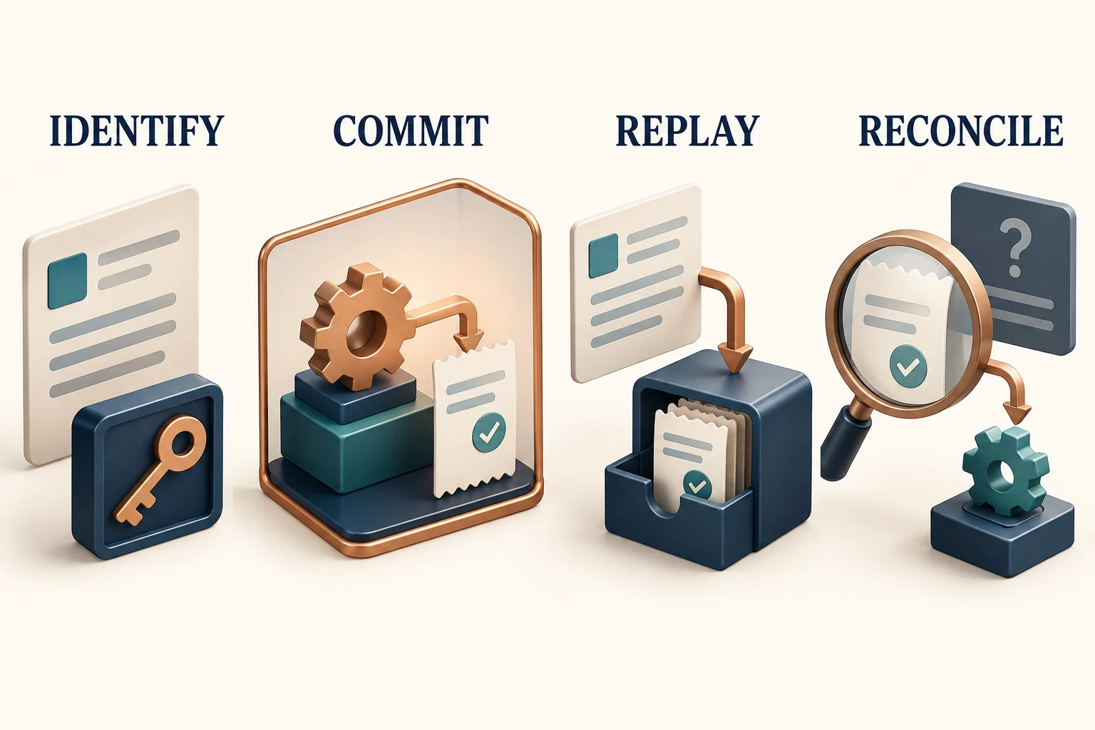 Identify, commit, replay and reconcile: preserve operation identity, record the effect and result, replay matching requests and investigate uncertain outcomes.
