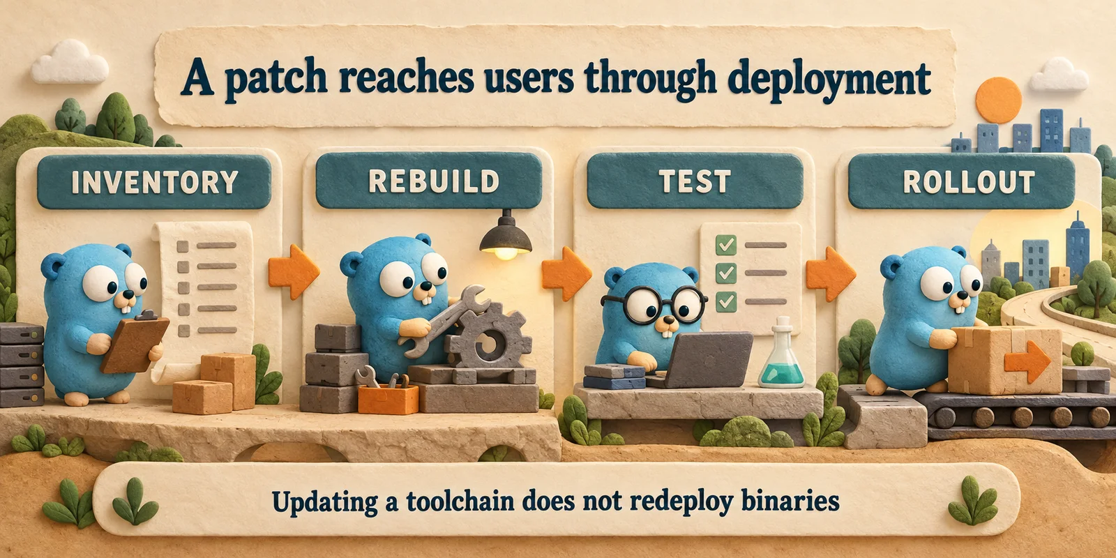 Inventory → Rebuild → Test → Rollout. Updating a toolchain does not redeploy binaries.