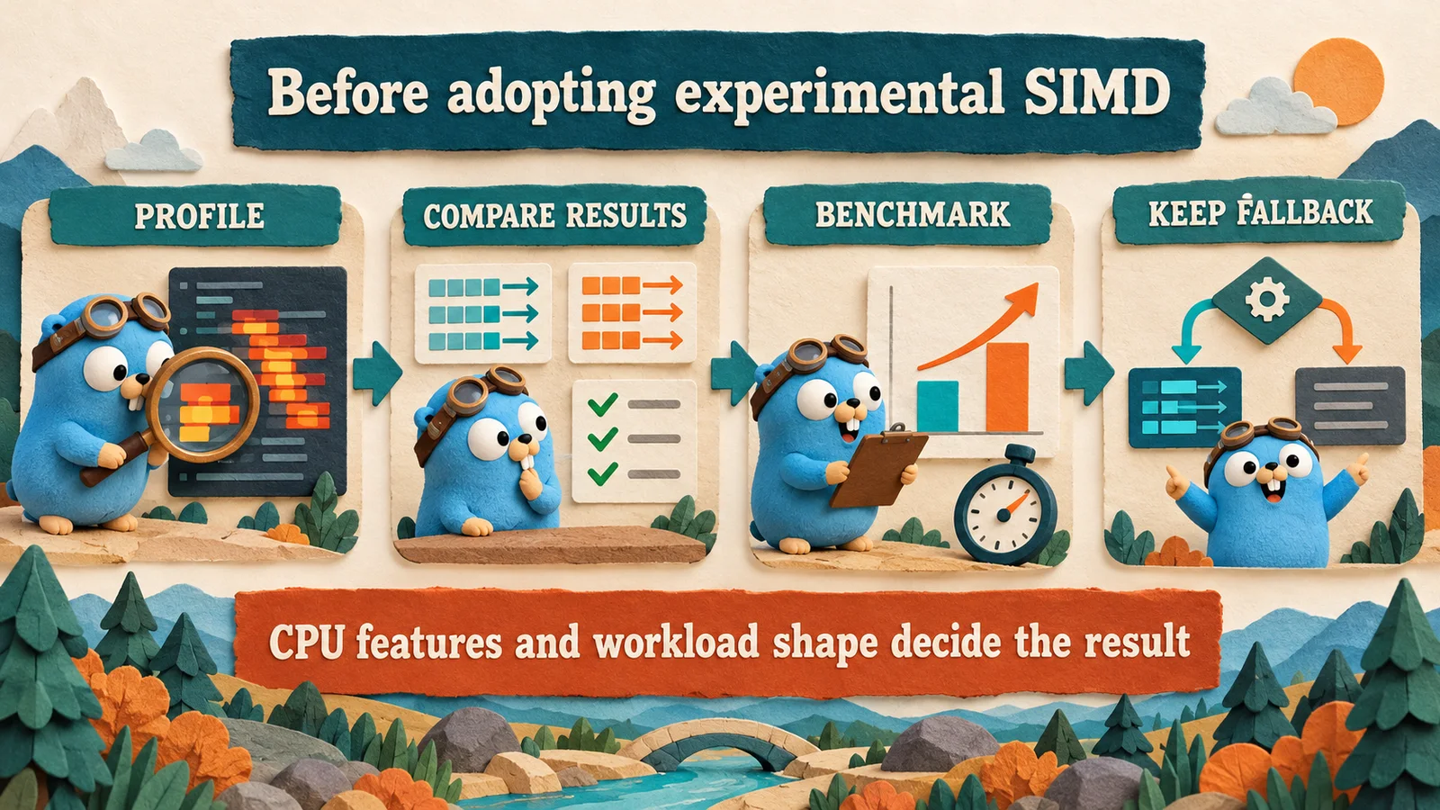 Profile → Compare results → Benchmark → Keep fallback. CPU features and workload shape decide the result.