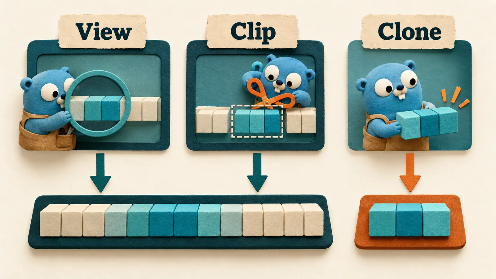 View and Clip share existing elements. Clip limits capacity; Clone copies the outer elements into separate storage. Nested references can remain shared.