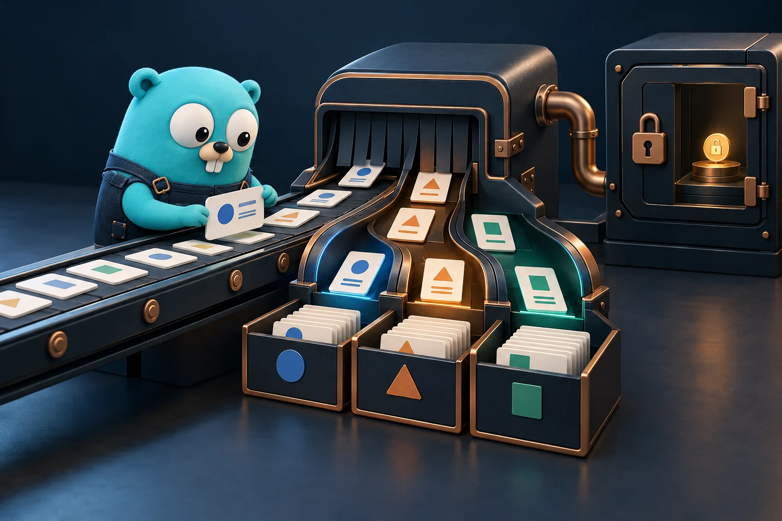 A gopher organizes diagnostic event cards into structured groups while a secret remains outside the event stream.