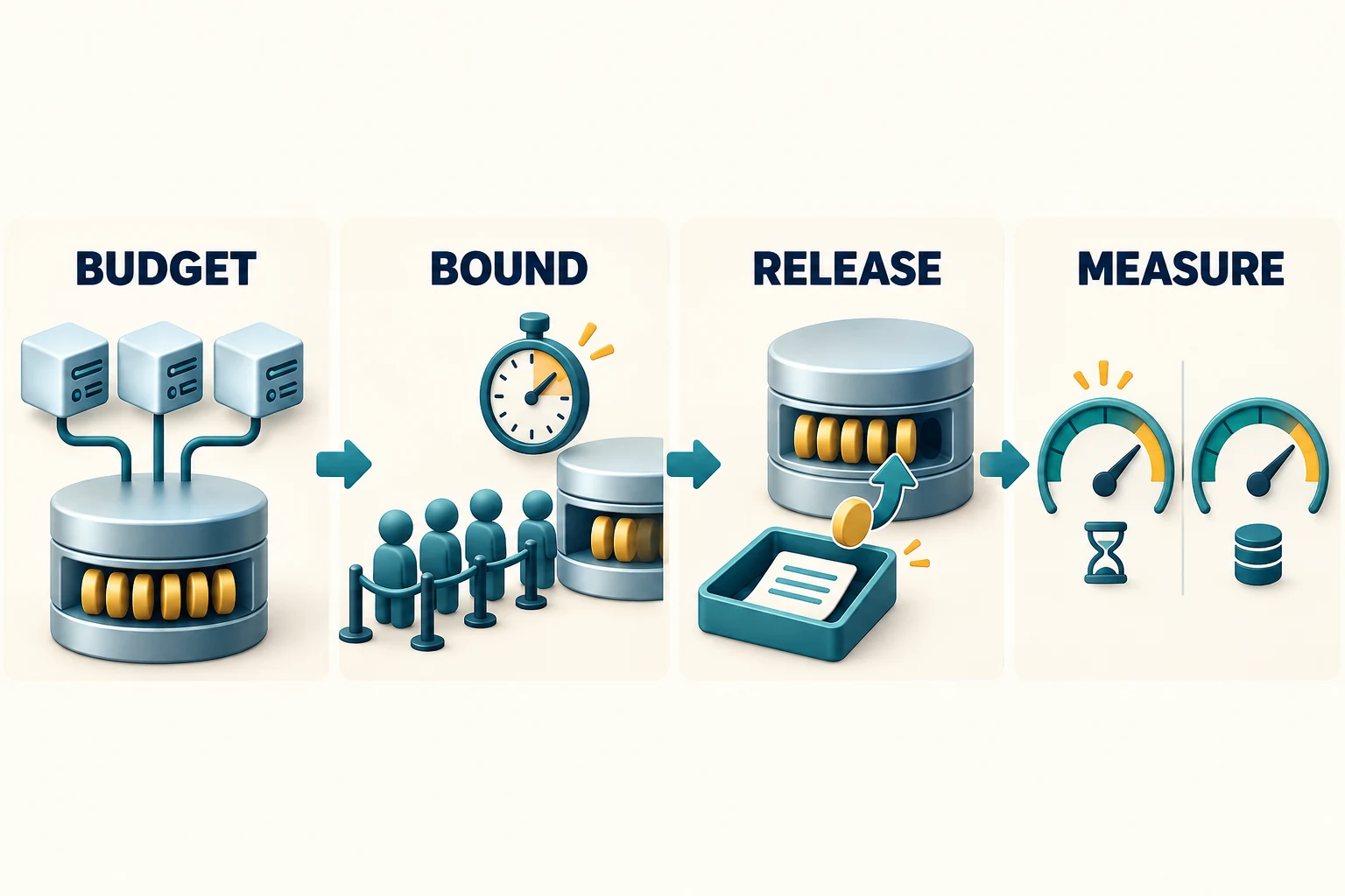Budget, Bound, Release and Measure: four stages of connection-pool ownership and observation.