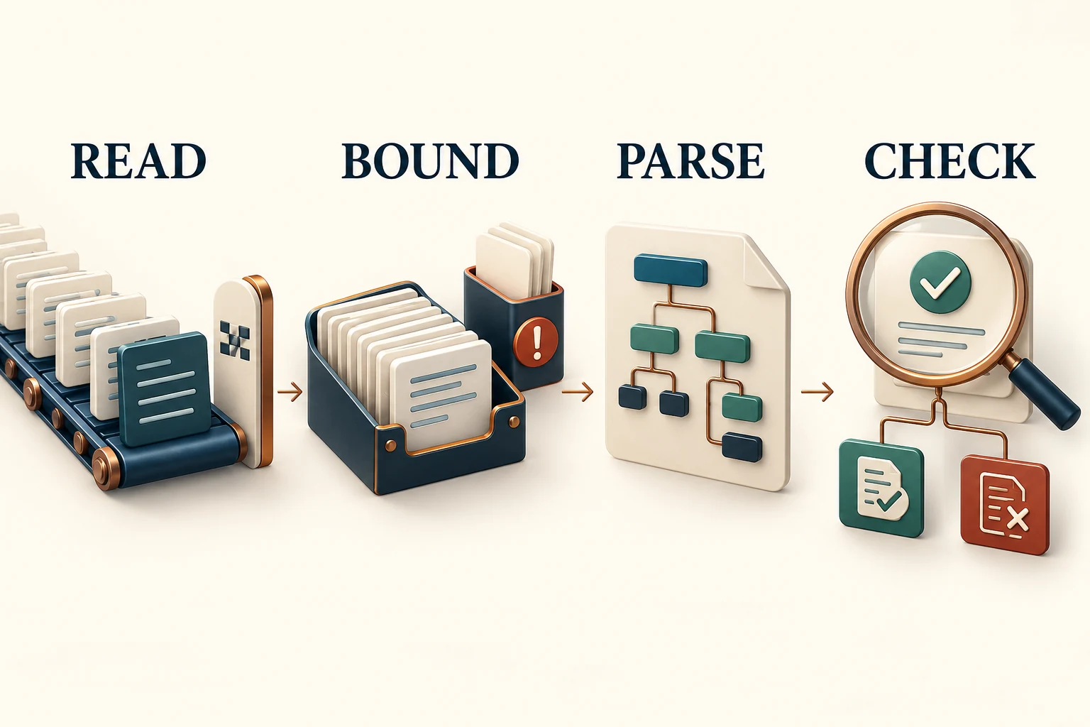 Read, bound, parse and check: distinguish returned bytes, finite budgets, document framing and explicit outcomes.