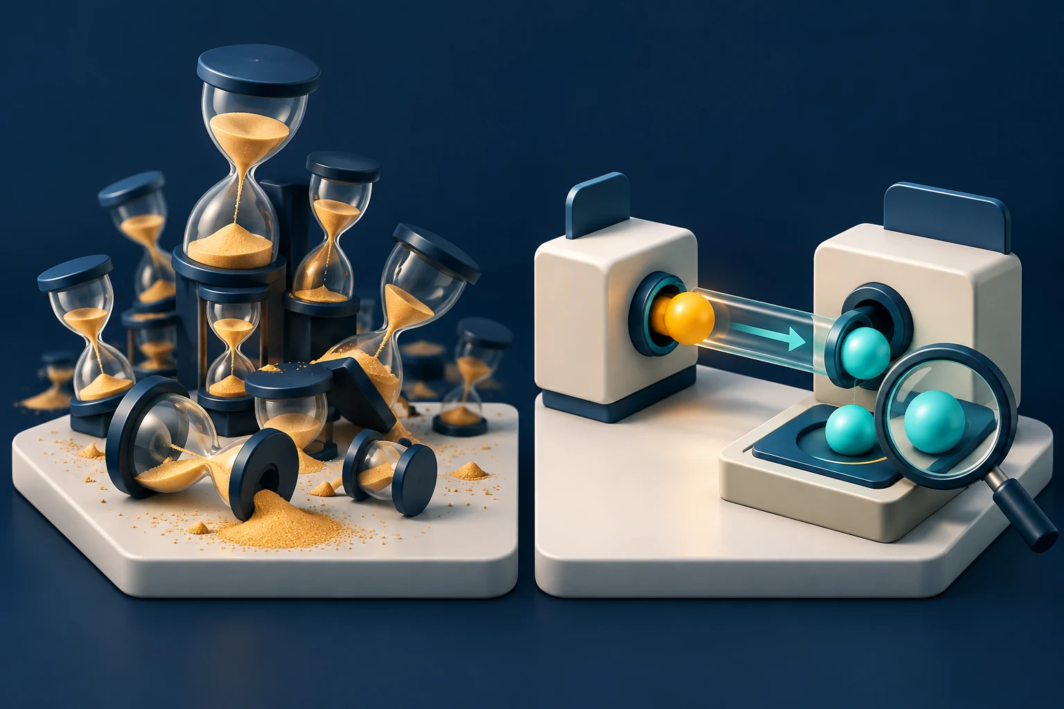 Arbitrary hourglass delays contrasted with an explicit channel handshake and an observed result.