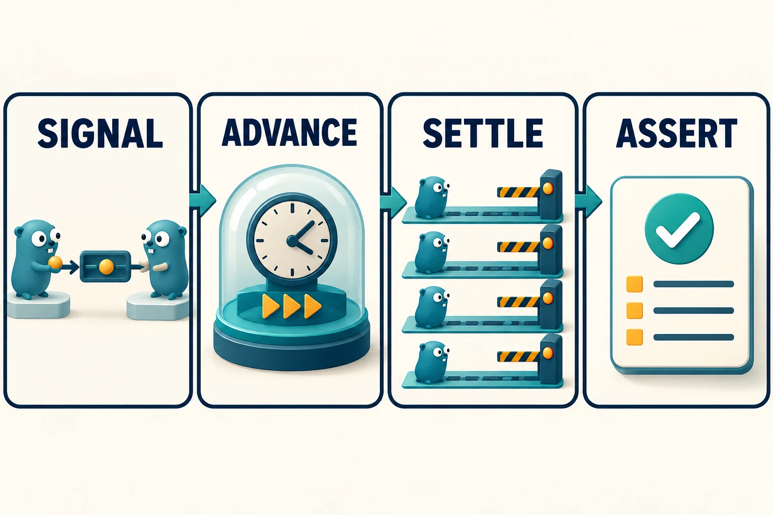 Signal, Advance, Settle and Assert: channel events and virtual time establish when a test may check state.