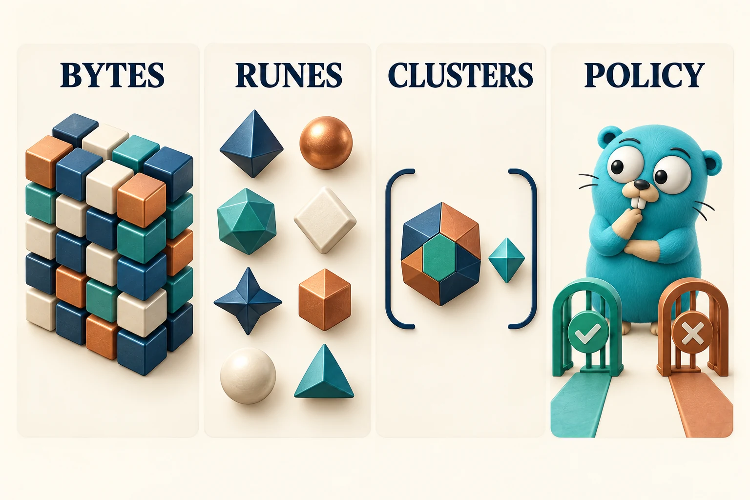 Bytes, runes, clusters and policy are different text-processing concepts; geometric tokens carry no measured encoding counts.
