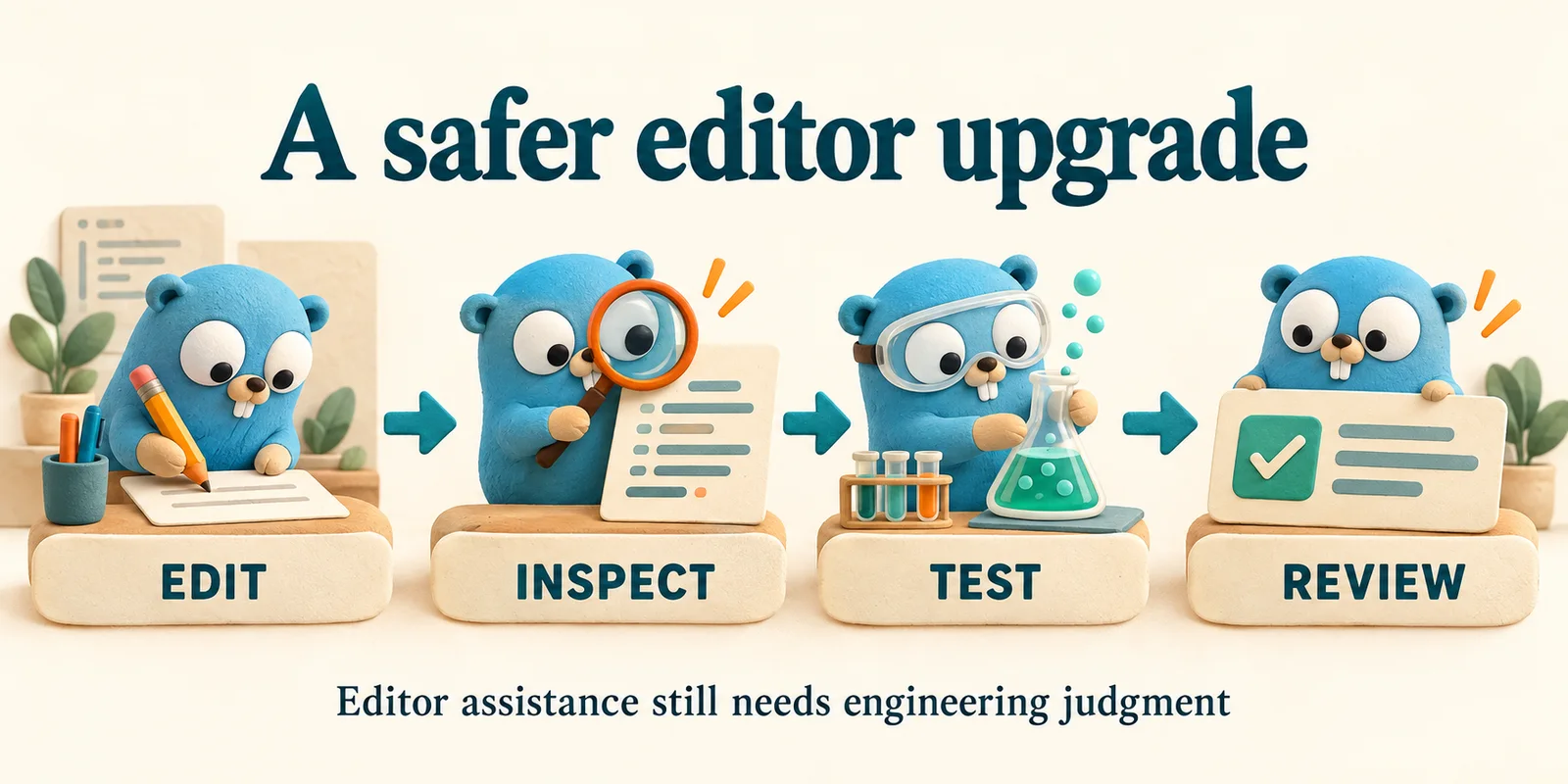 Edit → Inspect → Test → Review. Editor assistance still needs engineering judgment.